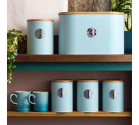 Cooks Professional Kitchen Storage Set | 5-Piece Ribbed with Bamboo Lids | Bread Biscuit Tea Coffee Sugar | Blue/Silver