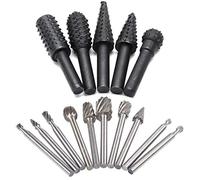 5pcs 1/4" Shank Rotary Rasp File Burr and 10pcs 1/8" Shank HSS Router Bit | 5pcs Woodworking Chisel Shaped Rotating Embossed Grinding Head and 10pcs Routing Burr Wood Carving Drill Bits Set