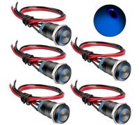 5Pcs 12V 24V 12mm Waterproof ON Off Latching Push Button Switch with Wiring Harness and Led Indicator Light, Pre-Wired SPDT Self-Locking 4 Pin Marine Metal Switch for Boats Cars Truck (Blue)