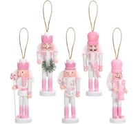 5PCS 13cm Pink Wooden Christmas Nutcracker Soldier Ornaments, Christmas Traditional Nutcracker Figures Hanging Pendant for Xmas Tree Tabletop Home Decorations