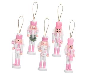 5PCS 13cm Pink Wooden Christmas Nutcracker Soldier Ornaments, Christmas Traditional Nutcracker Figures Hanging Pendant for Xmas Tree Tabletop Home Decorations
