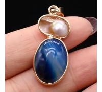 5pcs 15x35mm Natural Stone Agates Pearl Gems Pendants Oval Gold plated Pendants-Blue Agate
