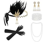 5Pcs 1920s Flapper Headband, 1920s Accessories for Women, Black Elbow Gloves Beaded Headpiece, Costume Accessories, Long Evening Gloves for Carnival Costume Prom Party #26114Y