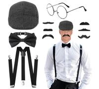 5PCS 1920s Gatsby Costume Accessories Set, Mens Fancy Dress with Beret Glasses Bow Tie Fake Beard Suspenders Gangster Costume Set for Gatsby Cosplay Party