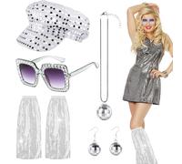 5Pcs 1970s Disco Accessories Set for Women, Blue Abba Fancy Dress Costume Accessories with Sequin Hat Leg Warmers Bling Sunglasses Earrings Necklace for Adults Retro 70 Theme Party Dance (Silver#1)
