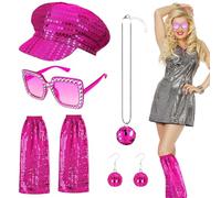 5Pcs 1970s Disco Accessories Set for Women, Blue Abba Fancy Dress Costume Accessories with Sequin Hat Leg Warmers Bling Sunglasses Earrings Necklace for Adults Retro 70 Theme Party Dance (Rose Red)