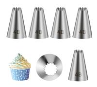 5Pcs 4B Piping Nozzle French Star Piping Tips Cake Decorating Open Star Frosting Tip Icing Nozzles Stainless Steel Stars Tip Icing Tips for Cupcake Decorating, Silver