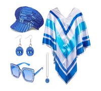 5pcs 70s Disco Costume Accessories Set for Women - Blue Sequin Beret, Pop Poncho Cape, Necklace & Square Sunglasses - Retro 70s Swedish Pop Star Outfit & Disco Diva Fancy Dress for Theme Party Cosplay