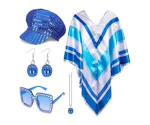 5pcs 70s Disco Costume Accessories Set for Women - Blue Sequin Beret, Pop Poncho Cape, Necklace & Square Sunglasses - Retro 70s Swedish Pop Star Outfit & Disco Diva Fancy Dress for Theme Party Cosplay