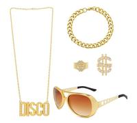 5pcs 80s 90s Hip Hop Costumes Kit with Dollar Sign Chain & Dollar Rings, Fake Gold Chain Bracelet, Disco Glasses Rapper Costumes Accessories for Men Women Cosplay Club Old School Themed Party Supplies