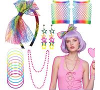 5Pcs 80s Accessories for Women, Ladies 1980s Fancy Dress Costume with Fishnet Gloves Lace Headband Lightning Earrings Necklace Bracelets Retro 80s Outfit for Girls Retro Hen Do Cosplay Party