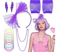 5Pcs 80s Accessories for Women, Ladies 1980s Fancy Dress Costume with Fishnet Gloves Lace Headband Lightning Earrings Necklace Bracelets Retro 80s Outfit for Girls Retro Hen Do Cosplay Party