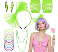5Pcs 80s Accessories for Women, Ladies 1980s Fancy Dress Costume with Fishnet Gloves Lace Headband Lightning Earrings Necklace Bracelets Retro 80s Outfit for Girls Retro Hen Do Cosplay Party