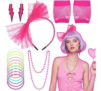 5Pcs 80s Accessories for Women, Ladies 1980s Fancy Dress Costume with Fishnet Gloves Lace Headband Lightning Earrings Necklace Bracelets Retro 80s Outfit for Girls Retro Hen Do Cosplay Party