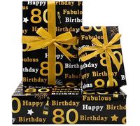 5Pcs 80th Birthday Wrapping Paper,50 * 70cm Gold Black Wrapping Paper for Woman Men Birthday Decorations