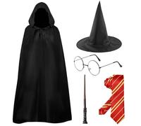 5pcs Adult Wizard Costume Accessories Set, Black Hooded Cape Magic Wand Round Glasses Wizard Hat Red Striped Tie Fancy Dress Outfit for Kids & Adults Halloween World Book Day Cosplay