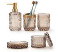 5PCS Amber Brown Glass Bathroom Accessories Sets of Lotion Dispenser, Soap Dish, Toothbrush Holder, Tumbler, Cotton Swab Jars, Modern Bath Decor, Vintage Gift