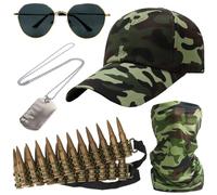 5PCS Army Cosplay Costume Accessories Solider Military Cosplay Costume Camouflage Face Mask, Sunglasses, Camo Hat, Bullet Belt, Dog Tag Necklace for Adults Halloween Fancy Dress Up Supplies