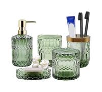 5PCS Bathroom Accessories Set,Clear Glass Bath Decor Set,Includes Soap Dispenser, Soap Dish, Toothbrush Holder, Tumbler and Jar, Vintage Gift (Green)