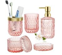 5Pcs Bathroom Accessories Set, Glass Soap Lotion Dispenser, Toothbrush Holder, Tumbler, Soap Dish & Organizing Jar, Modern Vanity Bathroom Kitchen Decor to Maximize Countertop Space, Pink