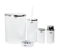 5pcs Bathroom Accessory Set. Strong Plastic Bathroom Accessories Toilet Brush, Toothbrush Holder, Soap Dispenser, Soap Dish, Trash Can. (White with Chrome Edge)