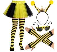 5Pcs Bee Costume Set, Bumble Bee Costume Kids Adult with BeeAntenna Headband BeeGlasses and Leg Sleeves for Women