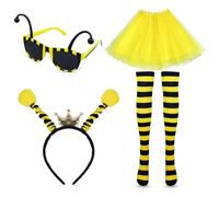 5PCS Bee Costume Set for Adults Women Bumble Bee Costume with Bee Antenna Headband Bee Sun Glasses Bee Striped Knee Thigh High Stocking Bee Dress Bumblebee Fancy Dress for Party Cosplay Animal Theme