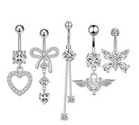 5pcs Belly Button Bars,Belly Bar 14G Navel Bars,Dangly Belly Button Piercing Jewellery,Silver Stainless Steel Belly Bars with Flower Butterfly Heart Navel Piercing Jewelry for Women Girls (Silver)