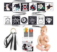 5Pcs Black and White Baby Sensory Toys, 0-12 Months Newborn Tummy Time Toys with Soft Cloth Book Ribbon Ring Busy Book Rattle Socks Montessori Toys for Kids Infant Toddle Early Education