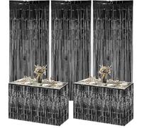5pcs Black Party Decoration Set,Black Tinsel Foil Fringe Curtains Streamers Backdrop and Black Fringe Table Skirt for Birthday,Halloween,Wednesday,Graduation,Wedding,Stranger Theme Party Decoration