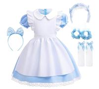 5Pcs Blue Princess Dress Costumes, Alice Princess Fancy Dress Kit with White Apron Headband Bow Stockings Bracelets Girls Dressing Up for Kids 5-12 Years Birthday Party Carnival World Book Day(L)