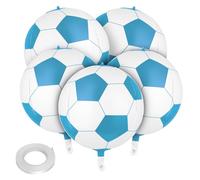 5Pcs Blue Soccer Balloons with White String Ribbon, Birthday Party Soccer Balloon Decorations for Boy, Blue Foil Soccer Ball Balloons for Sports Theme World Cup Party