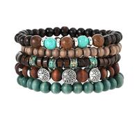 5PCS Boho Beaded Bracelets for Women and Men - Stackable Wooden & Alloy Bracelets with Turquoise Beads and Tree of Life Charm, Handmade Elastic Cuff Jewelry Gift Set (#A)