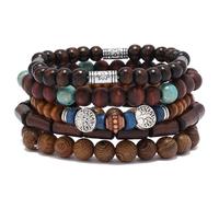 5PCS Boho Wooden Beaded Bracelets for Women and Men, Multi-layer Adjustable Handmade Bead Mala Bracelet Set with Tree of Life Design, Brown Blue Retro Style Elastic Wristband Jewelry Gifts（#B）