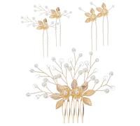 5Pcs Bridal Wedding Hair Pieces for Brides, Gold Leaf Flower Crystal Pearl Hair Pins Forks for Wedding Prom, Headpiece Vintage Hairs Accessories Jewelry with Rhinestone for Brides Bridesmaids F