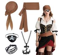 5Pcs Brown Pirate Costume Accessories Set for Women Men, Pirate Role Play Outfit with Headscarf Sash Belt Eye Patch Anchor Pendant Bracelet for Dress Up Day Stage Performance Halloween Party