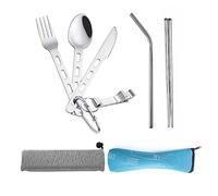 5PCS Camping Cutlery, 1cutlery Bag, 1 Straw, 1 Pair of Chopsticks, Mirror Polished Stainless Steel Cutlery Set, Outdoor Travel Cutlery, Portable Fork Knife Spoon Bottle Opener Set