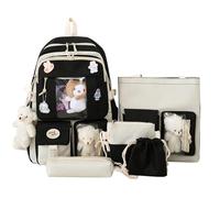 5Pcs Canvas School Backpack Combo Set, Kawaii Rucksack for Girls, Large Capacity Cute Aesthetic Travel Backpack, Japanese Harajuku Style School Bag with Accessories (Black)