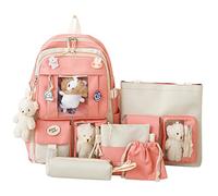 5Pcs Canvas School Backpack Combo Set, Kawaii School Backpacks for Girls Student Laptop Bookbags Cute Aesthetic Travel Backpack, 43x30x13cm