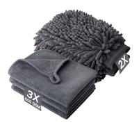 5PCS Car Washing Kit with 3 Microfiber Cleaning Cloths & 2 Wash Mitts | 600GSM Dual-Sided Ultra Soft Drying Towels and Coral Fleece Gloves, Highly Absorbent Kit for Washing Care Drying Polishing