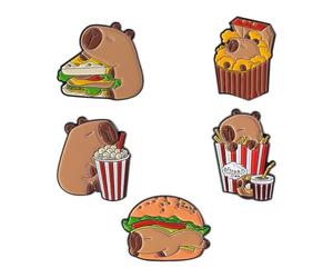5PCS Cartoon Capybaras Hamburger Fries Enameled Pin Sturdy Alloy Brooches for Casual Outfits Backpacks and Gifts Capybaras Series Brooch Pin