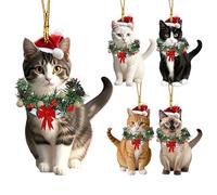 5pcs Cat Christmas Ornaments, 2D Flat Acrylic Cat Ornaments for Christmas Tree, Funny Hanging Kitten Pendant Animal Ornament for Bag, Car Rearview, Tree Decorations 5.5x8cm