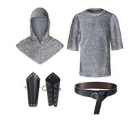 5PCS Chainmail Top Sst, Renaissance Faux Chain Mail Armor Tunic Shirt Coif Medieval Knight Cowl Crusader Costume Outfit Bracers Waist Belt Set Mens Medieval Fancy Dress Costume Fashion Relaxed Fit