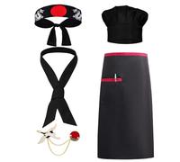 5Pcs Chef Costume Set, Japanese Chef Outfit with Chef Hat and Apron, Headband, Tie, Brooch - Perfect for Cooking, Cosplay, Parties