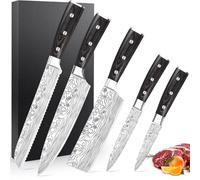 5PCS Chef Knife Set, Professional Kitchen Knife Set with High Carbon German Stainless Steel Sharp Cooking Knives Nakiri Knives Bread Utility Fruit Knifes Sharpener Rod Finger Guard Gift Box