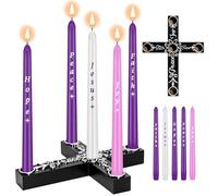 5PCS Christmas Advent Candles and Nativity Candle Holder,Colored Taper Candles Set with Wood Cross & Celtic Knot Candlestick,Religious Christmas Gift for Home Church Fireplace Centerpiece Decor