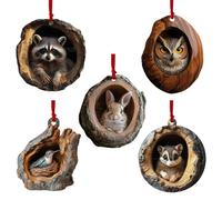 5Pcs Christmas Animal Ornaments,2D Acrylic Christmas Tree Decorations, Animal Lovers Raccoon Owl Squirrel Hedgehog Bunny Bird Wildlife, Christmas Ornaments For Home (A)