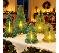5Pcs Christmas Honeycomb Table Decorations Indoor, Lighted 3D Honeycomb Paper Christmas Trees, Vintage Green Table Centerpieces for Xmas Frozen Winter Holiday Party Home Decor, 8/10/12 Inch