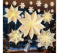 5Pcs Christmas Paper Snowflake Lanterns, Large Christmas Paper Star Lanterns with Lights & Banner White Hanging Snowflake Lamps for Xmas Winter Frozen Weddings Birthday Holiday Party Decorations