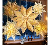 5Pcs Christmas Paper Snowflake Lanterns with LED Light, Large Christmas Paper Star Lantern Yellow Hanging Hollow Snowflake Lantern for Xmas Holiday Wedding Frozen Birthday Party Home Winter Decor